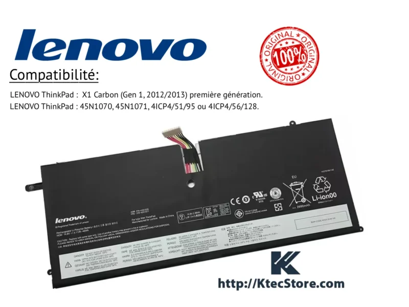 Batterie Lenovo 45N1070 45N1071 pour ThinkPad X1 Carbon Gen 1