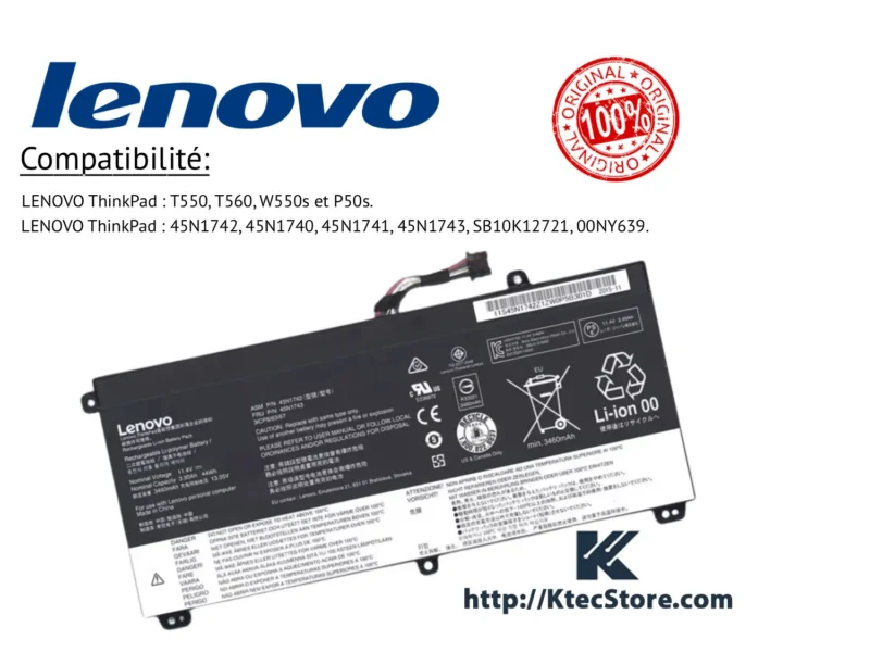 Batterie Lenovo 45N1742 pour ThinkPad T550 T560 W550s P50s
