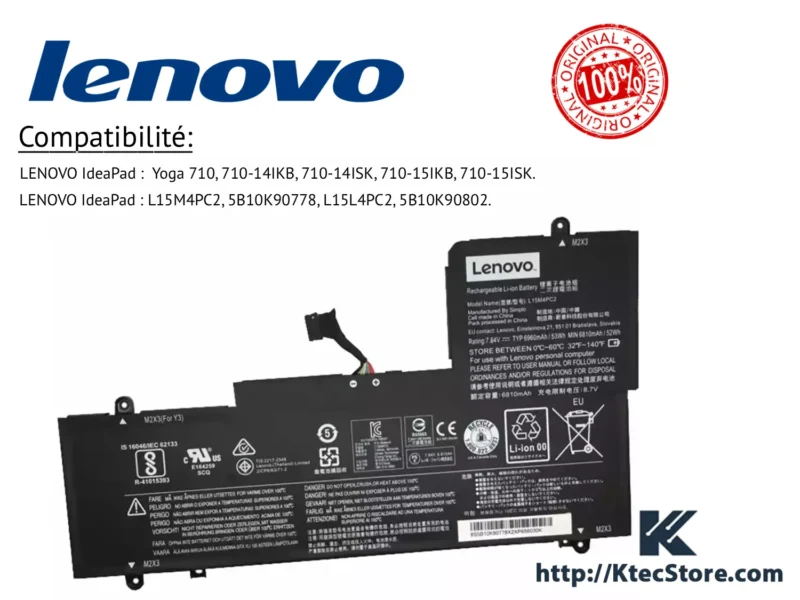 Batterie Lenovo L15M4PC2 pour IdeaPad Yoga 710 KtecStore