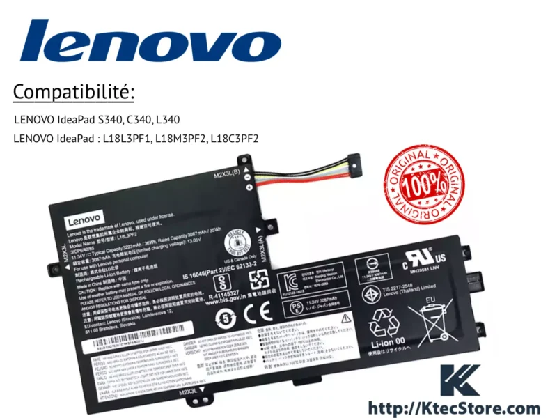 Batterie Lenovo L18L3PF2 pour IdeaPad S340 L340 C340 – Algérie Batterie Lenovo L18L3PF2 compatible IdeaPad S340 L340 C340 disponible en Algérie