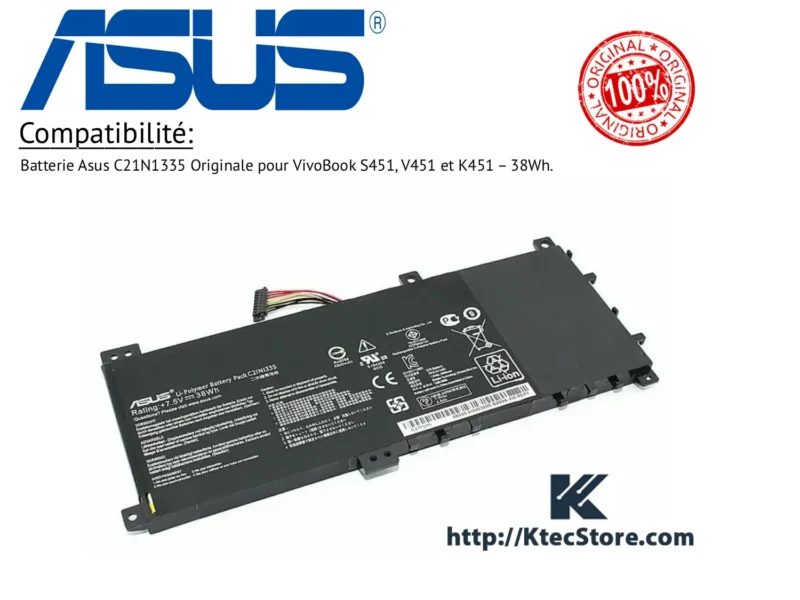 Batterie Asus C21N1335 originale compatible VivoBook S451 V451 K451 Batterie interne Asus C21N1335 38Wh pour ordinateur portable VivoBook