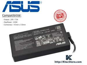 Chargeur original ASUS 150W 20V 7.5A avec connecteur 4.5mm x 3.0mm et broche centrale, disponible chez KtecStore Algérie