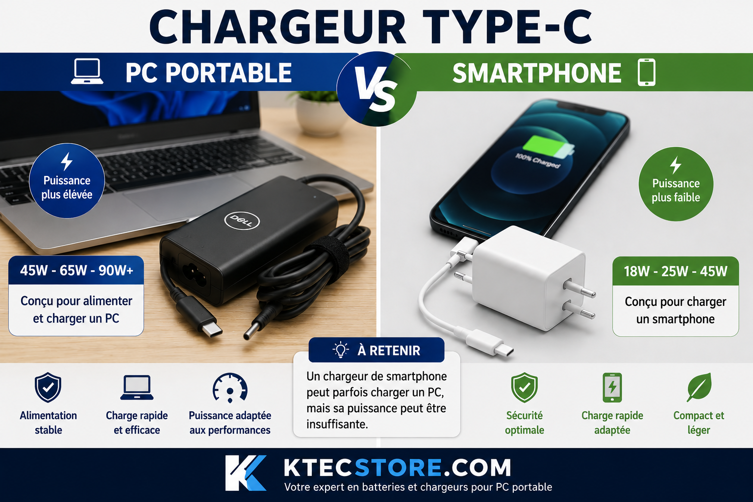 Peut-on utiliser un chargeur Type-C de téléphone pour un ordinateur portable ? 1 Comparaison chargeur Type-C PC portable et chargeur smartphone USB-C - différences de puissance 45W 65W 90W vs 25W