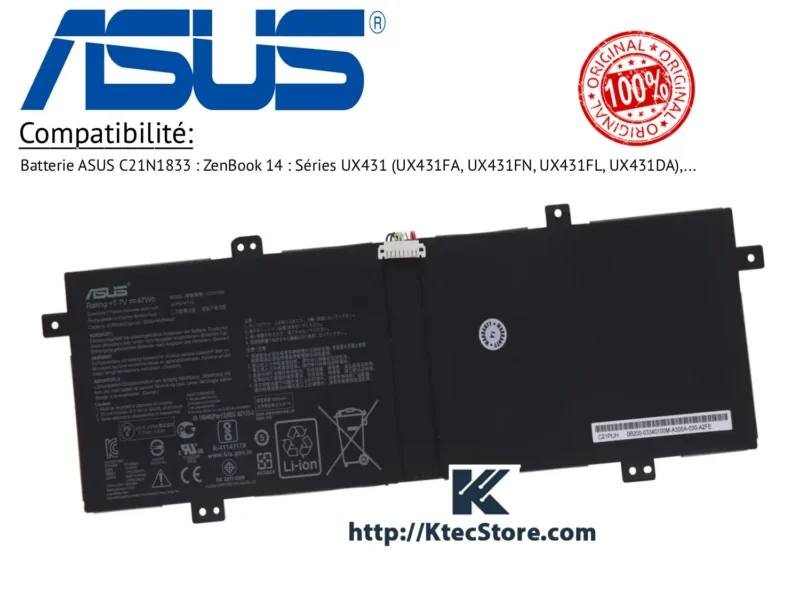 batterie-asus-C21N1833-originale-algerie-ktecstore Batterie ASUS C21N1833 originale 47Wh pour ASUS ZenBook 14 série UX431 - KtecStore Algérie