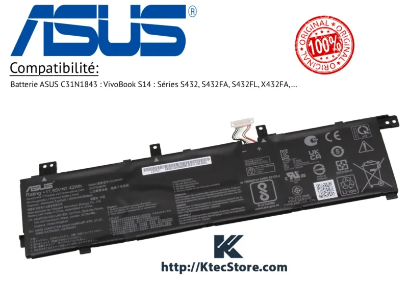 batterie-asus-C31N1843-originale-VivoBook-S14-S15-ktecstore-algerie Batterie ASUS C31N1843 originale 42Wh pour ASUS VivoBook S14 série S432 - KtecStore Algérie