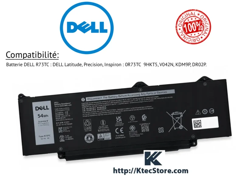 Batterie DELL R73TC originale 54Wh pour Latitude, Precision et Inspiron - KtecStore Algérie