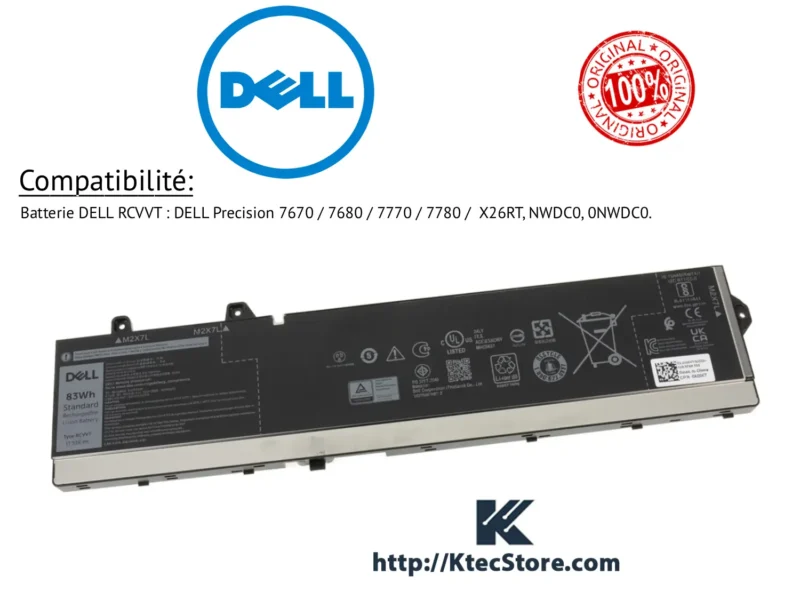 Batterie DELL RCVVT originale 83Wh pour Precision 7670 à 7780 - KtecStore Algérie