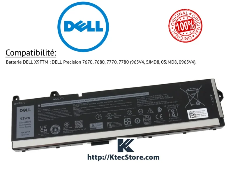 Batterie DELL X9FTM originale 93Wh pour Precision 7670 à 7780 - KtecStore Algérie