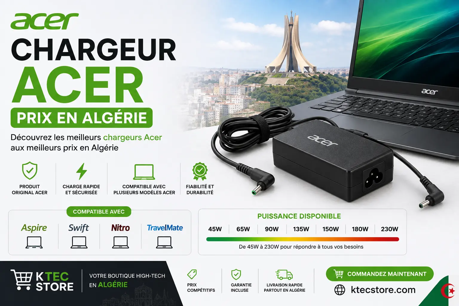 chargeur acer prix algerie Prix d'un chargeur Acer original en Algérie : de 3 000 à 15 500 DA. Comment savoir si votre Aspire 3 ou Aspire 5 prend le gros connecteur 5,5 mm ou le petit 3,0 mm, et quel chargeur pour un Nitro, un Predator, un Swift ou un Chromebook.