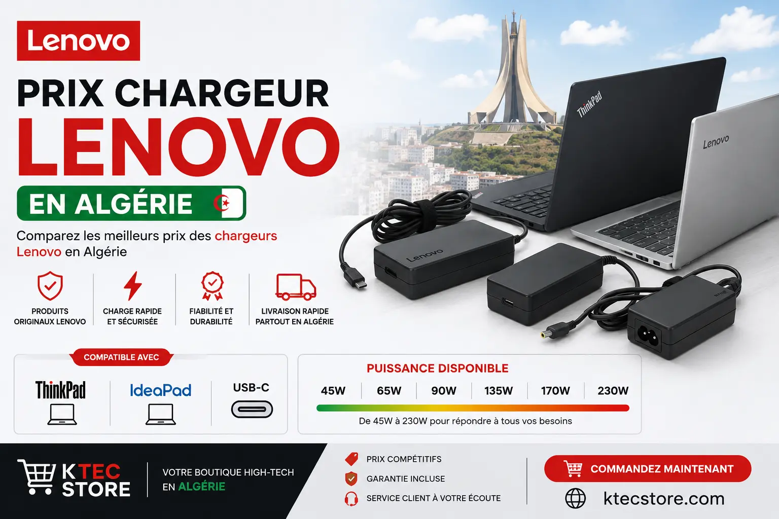 Chargeurs Lenovo originaux 45W à 230W pour ThinkPad, IdeaPad et USB-C, présentés avec deux ordinateurs portables Lenovo — prix en Algérie chez KtecStore