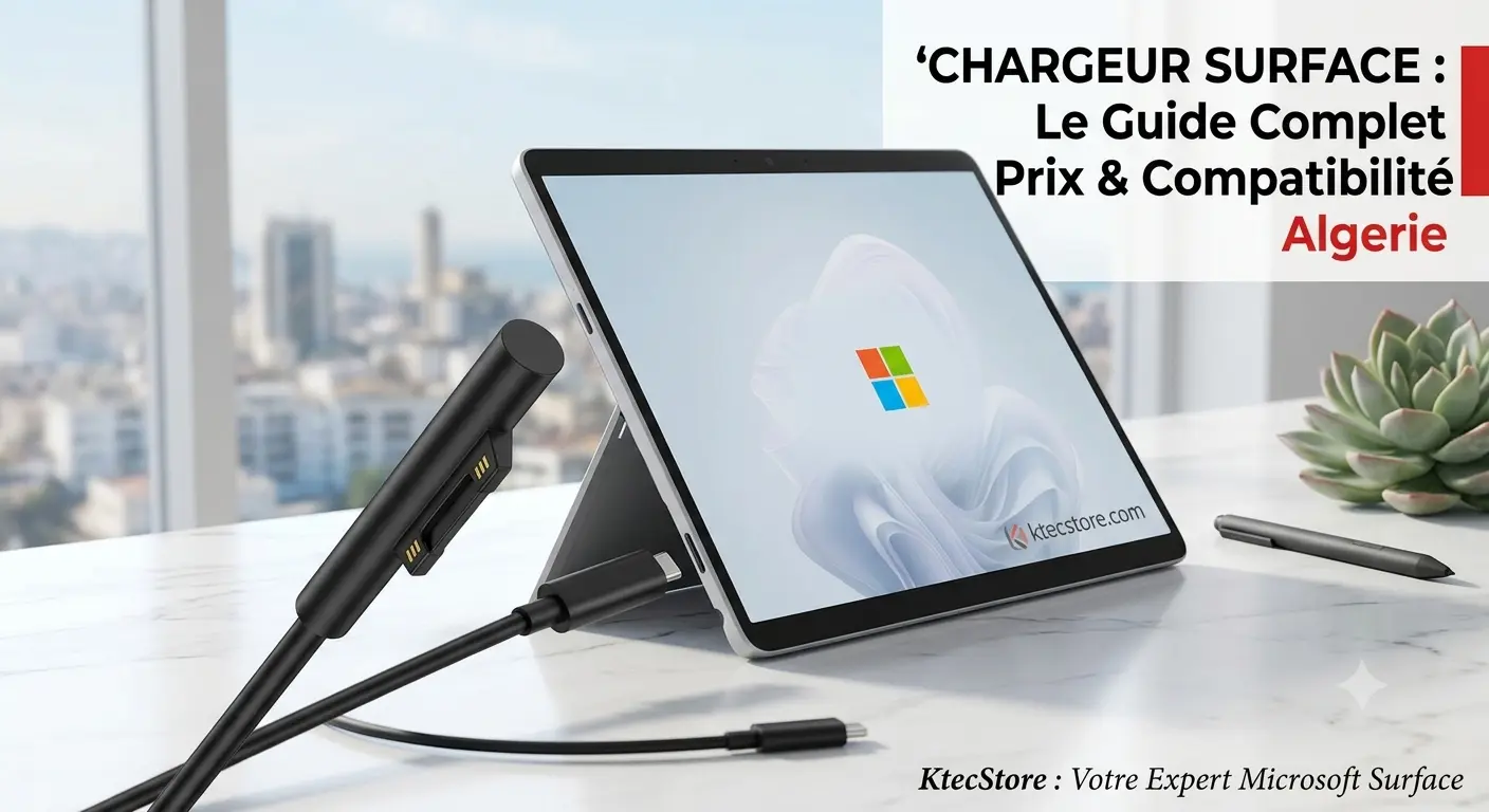 Chargeur Surface Connect et tablette Microsoft Surface Pro sur un bureau, guide des prix en Algérie